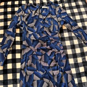 Calvin Klein Blue and Black Patterned Long Sleeve Dress